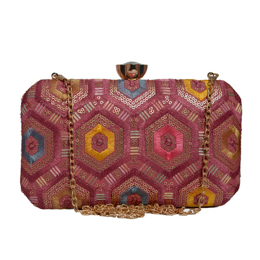Pink Rectangle Sequins Embroidery Clutch