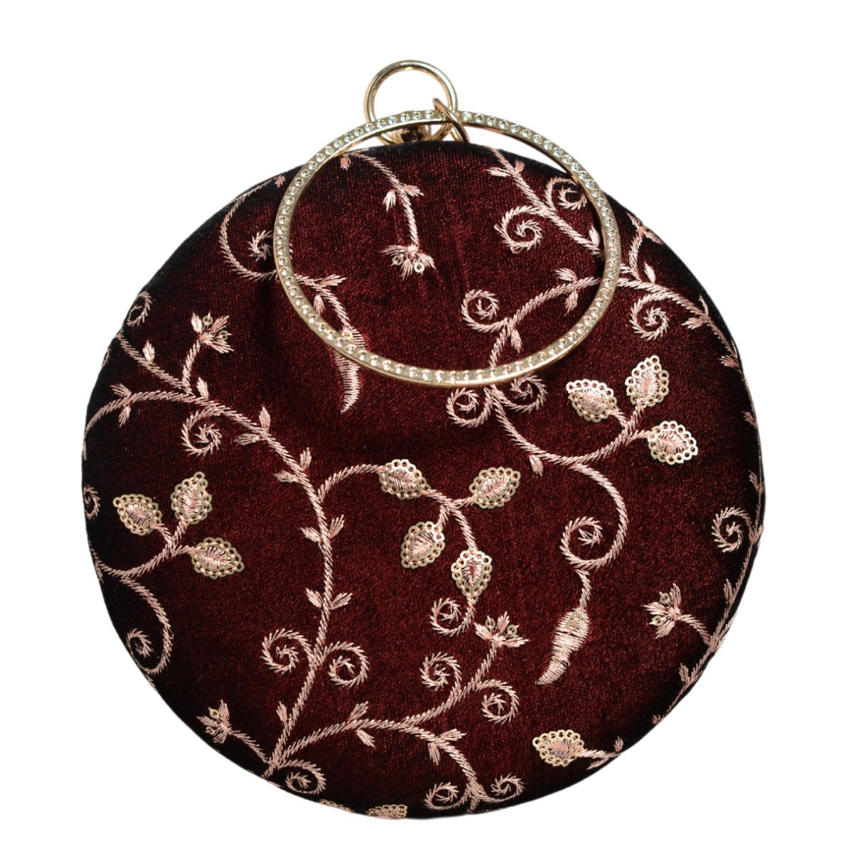Maroon And Golden Thread Embroidery Round Clutch