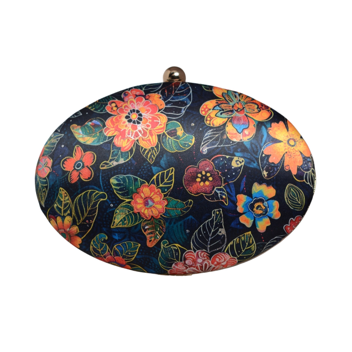 Black Floral And Leaves Printed Oval Clutch