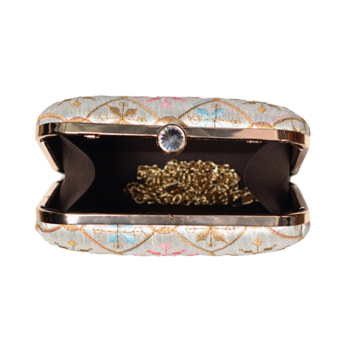 Grey And Golden Thread Embroidery Clutch