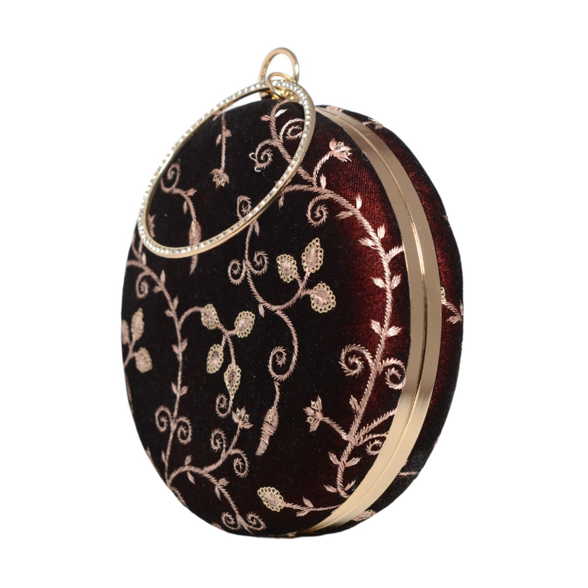 Maroon And Golden Thread Embroidery Round Clutch