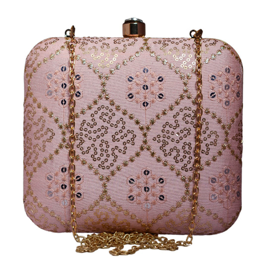 Pink Multipattern Sequins Embroidery Clutch