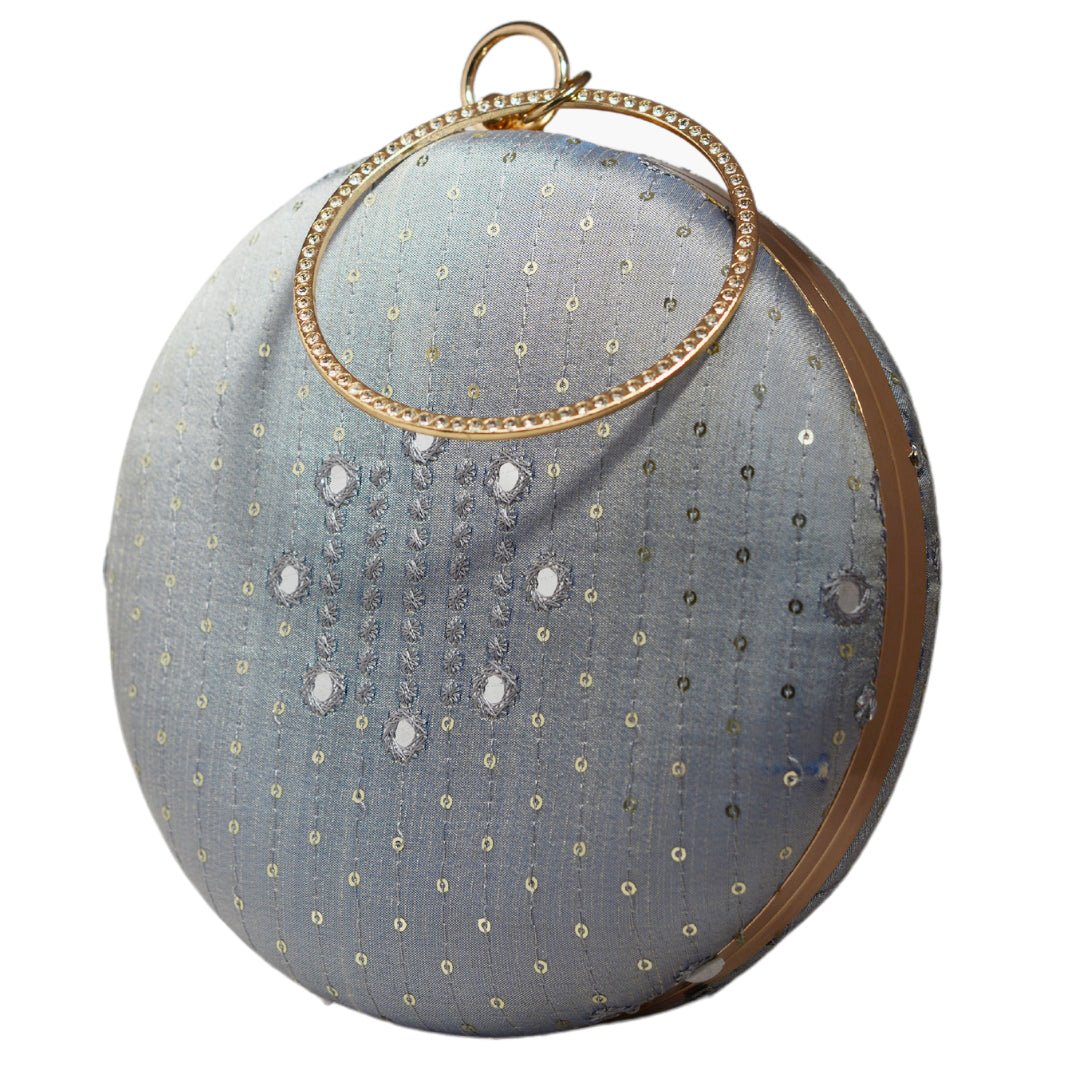 Grey Sequins And Thread Embroidery Round Clutch