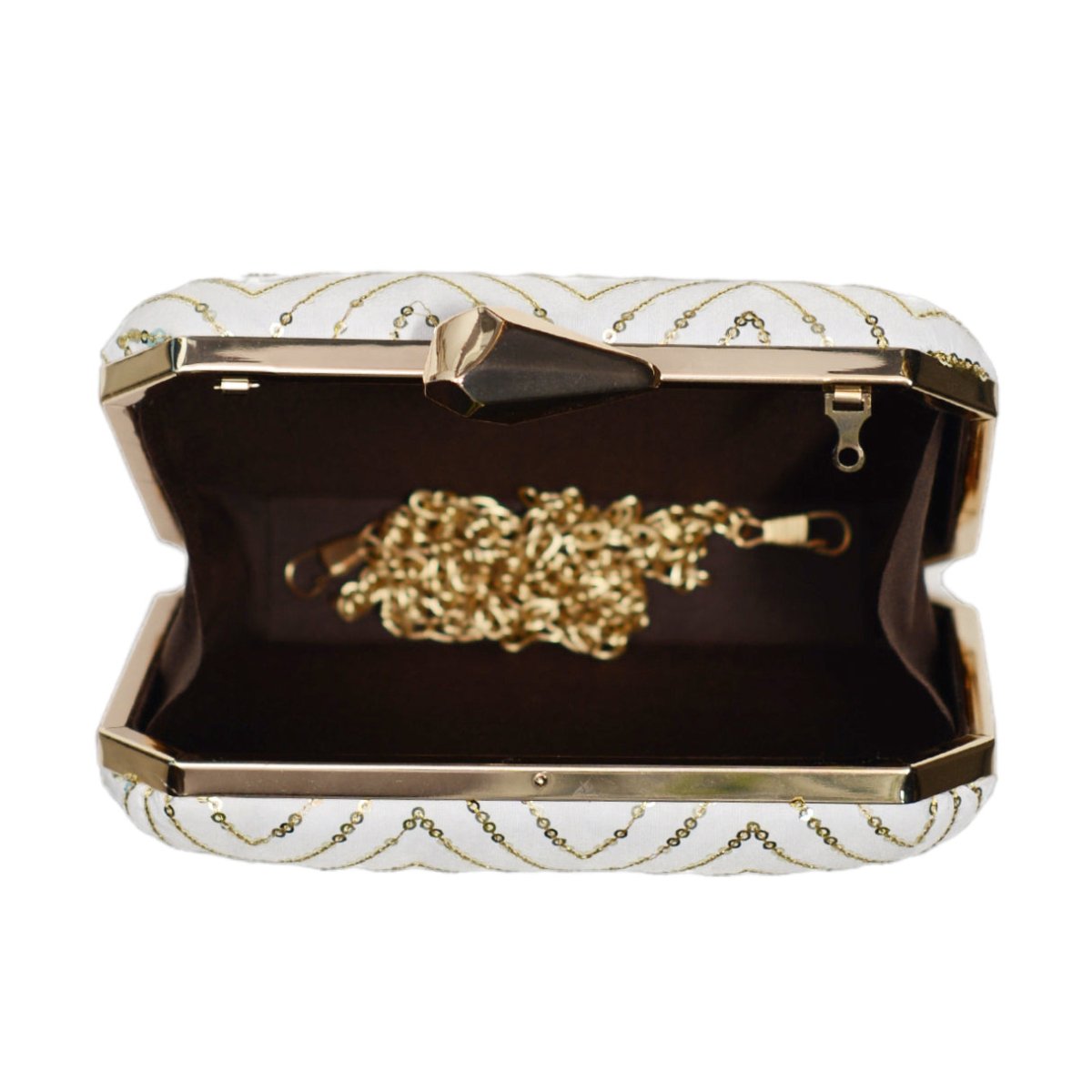 White Sequins Zigzag Embroidery Clutch