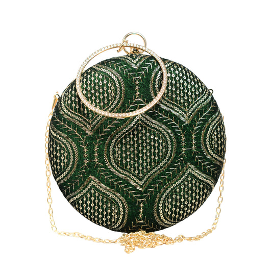 Green And Golden Sequins Embroidery Round Clutch