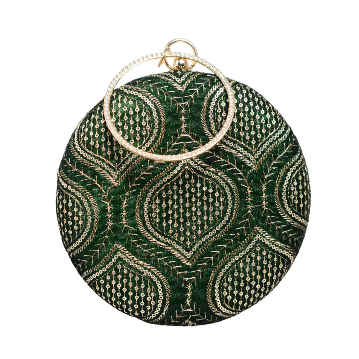 Green And Golden Sequins Embroidery Round Clutch