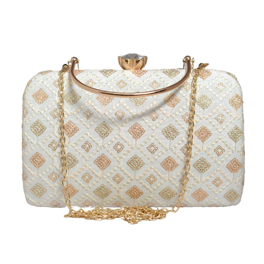 White Box Pattern Embroidery Clutch
