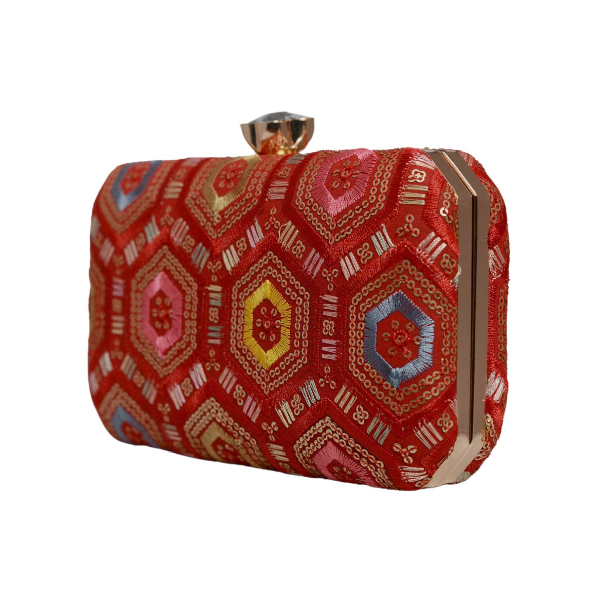 Red Rectangle Sequins Embroidery Clutch