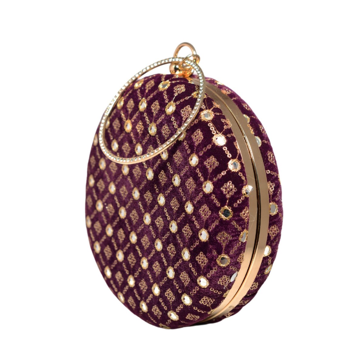 Maroon Mirror Sequins Embroidery Round Clutch