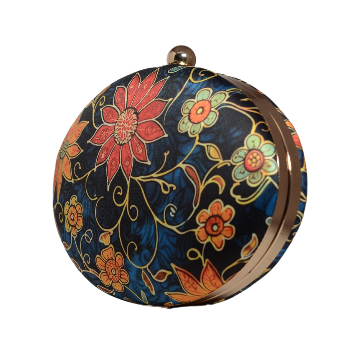Blue And Orange Floral Printed Oval Clutch