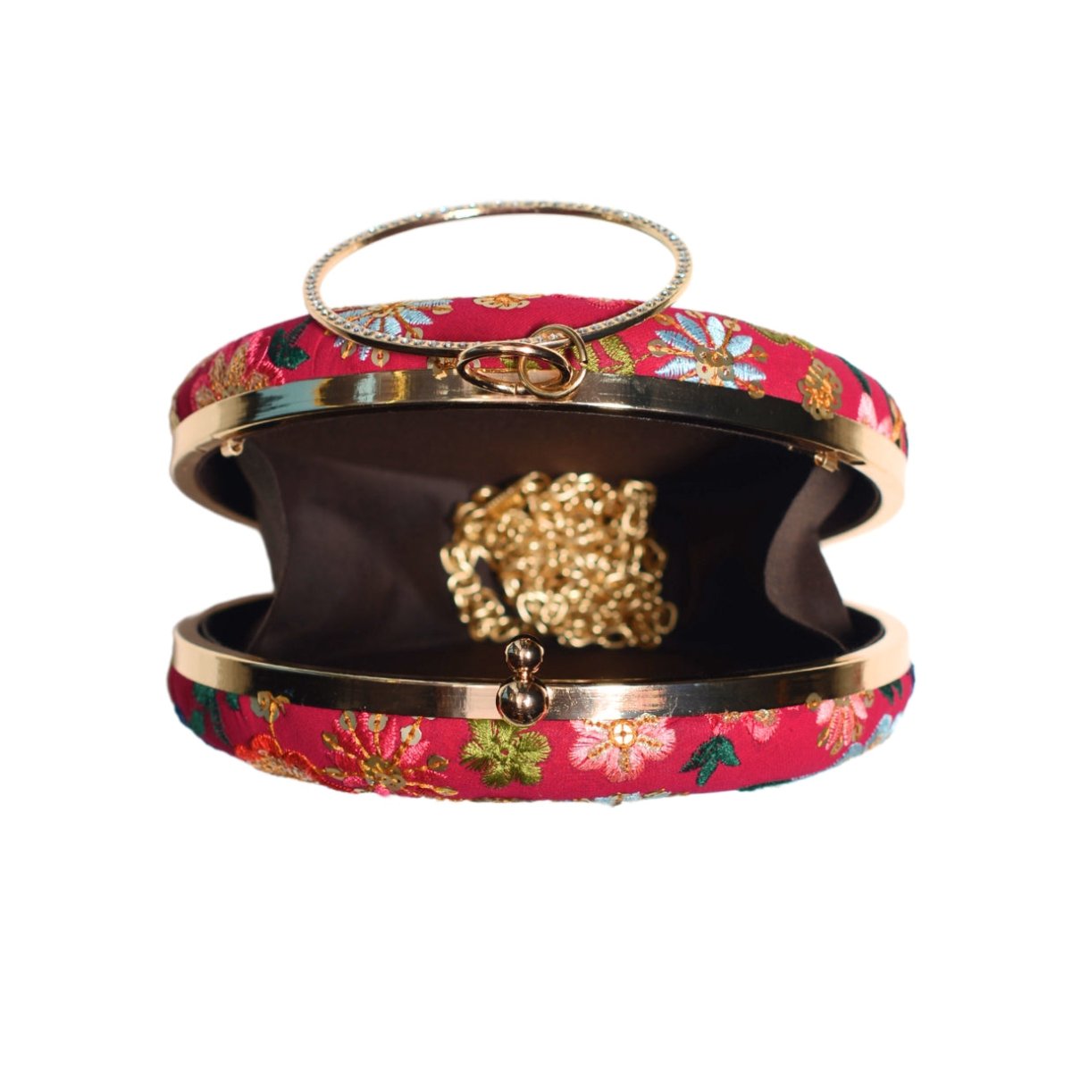 Red Floral Embroidery Round Clutch