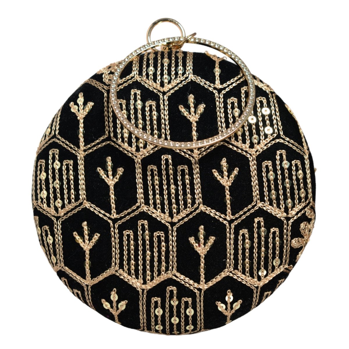 Black Multipattern Thread Embroidery Round Clutch