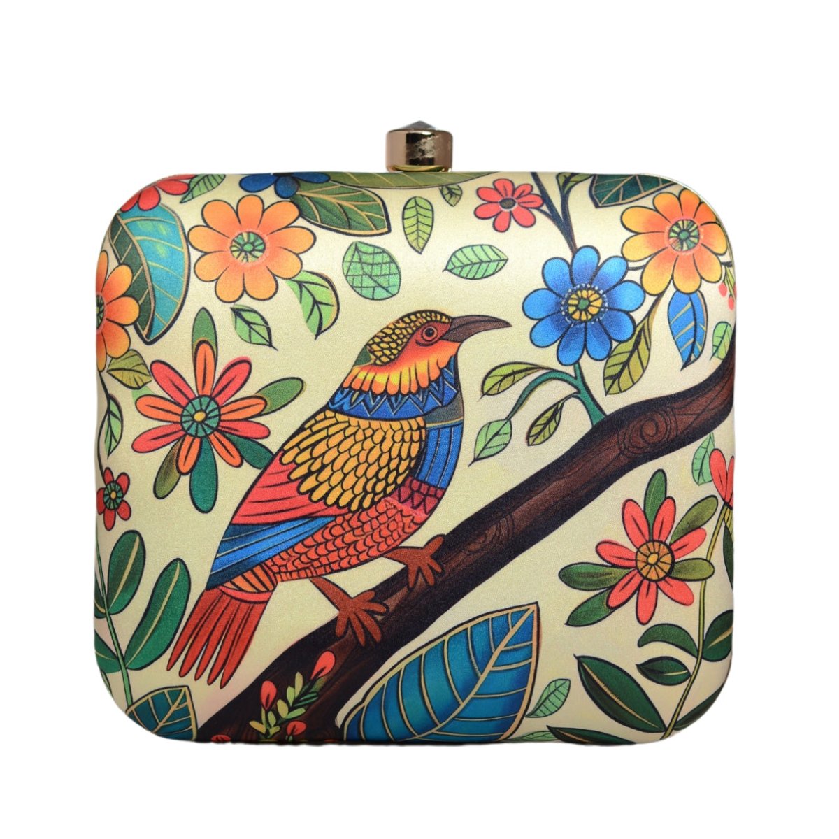 Beige Flower And Bird Printed Clutch