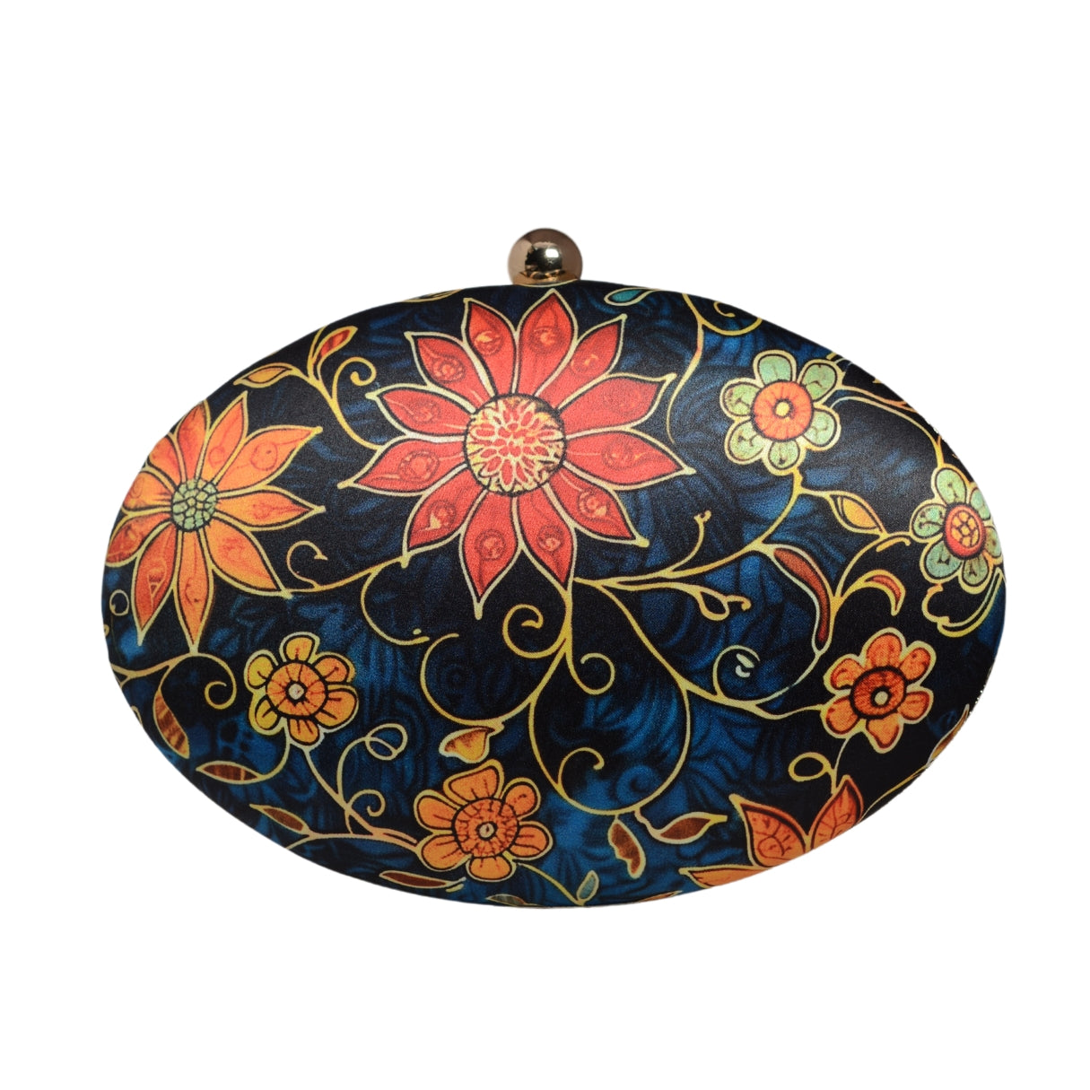 Blue And Orange Floral Printed Oval Clutch