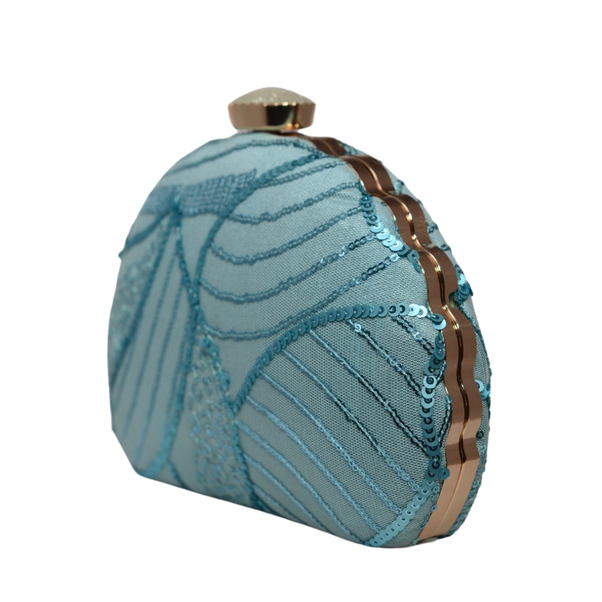 Sky Blue Sequins Embroidery Half Moon Clutch