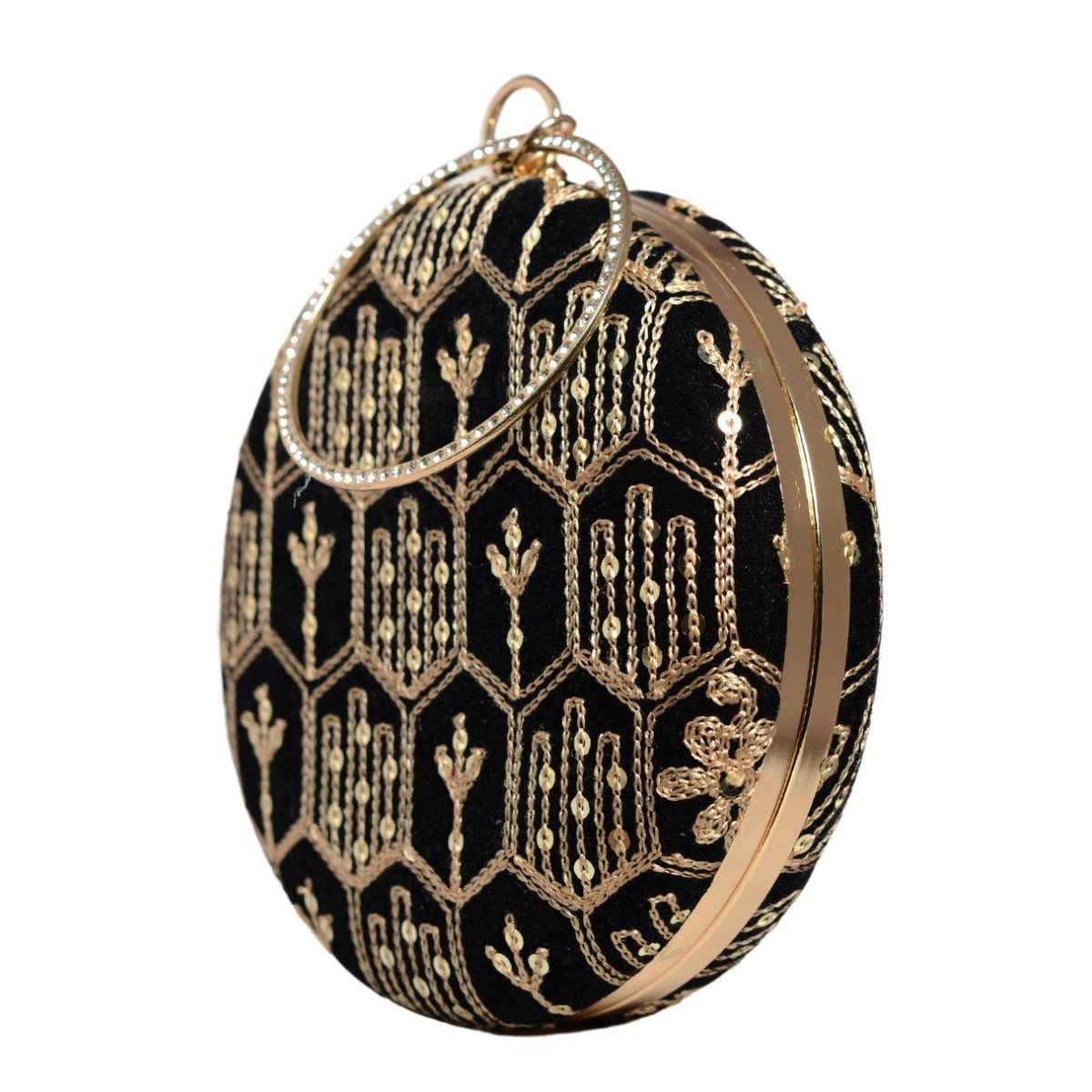 Black Multipattern Thread Embroidery Round Clutch
