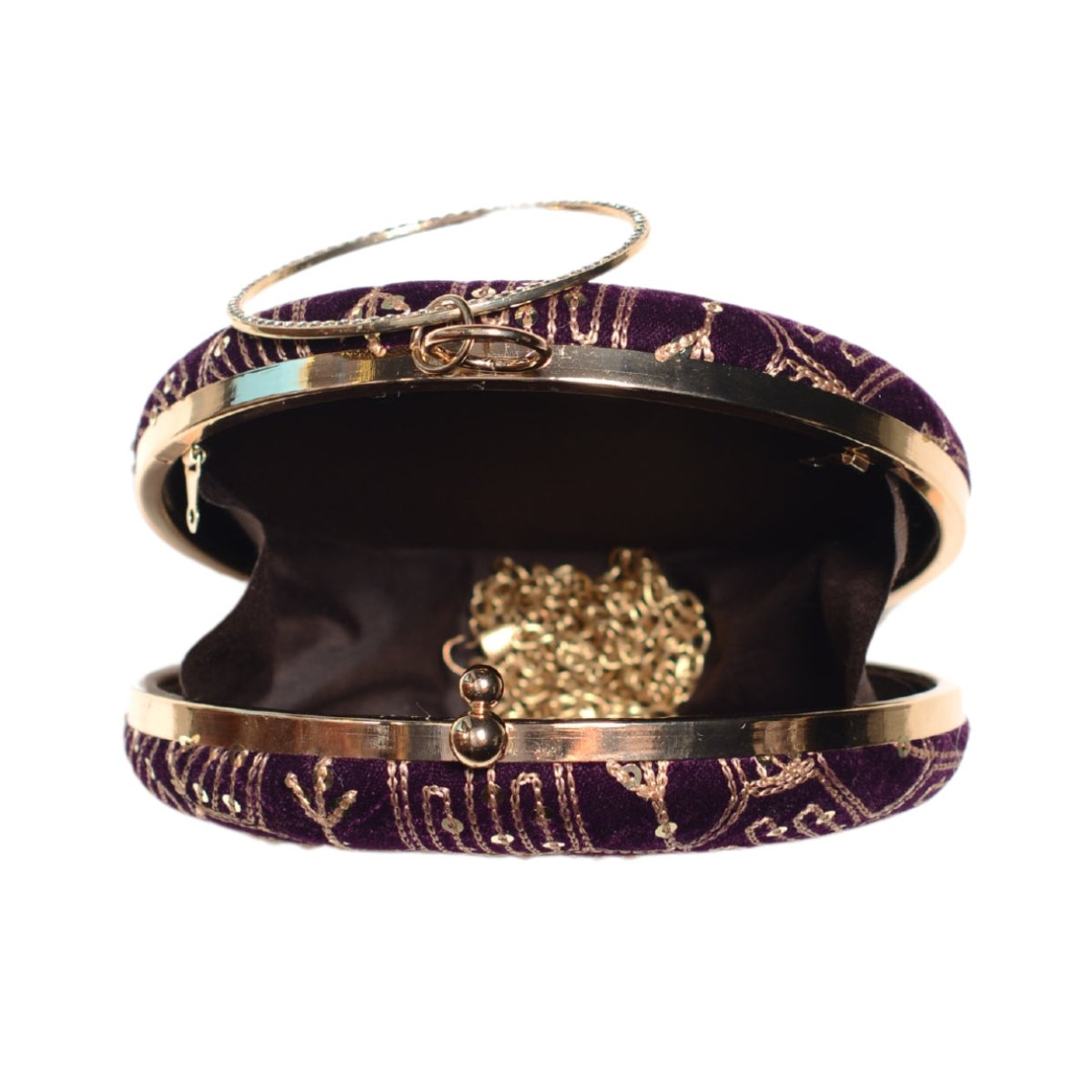 Wine Multipattern Thread Embroidery Round Clutch