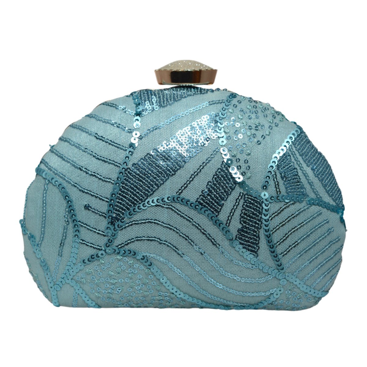 Sky Blue Sequins Embroidery Half Moon Clutch