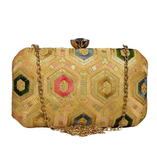 Golden Rectangle Sequins Embroidery Clutch