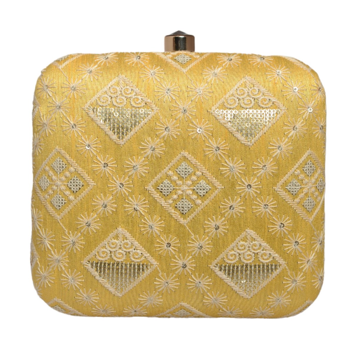 Yellow Threadwork And Sequins Embroidery Clutch