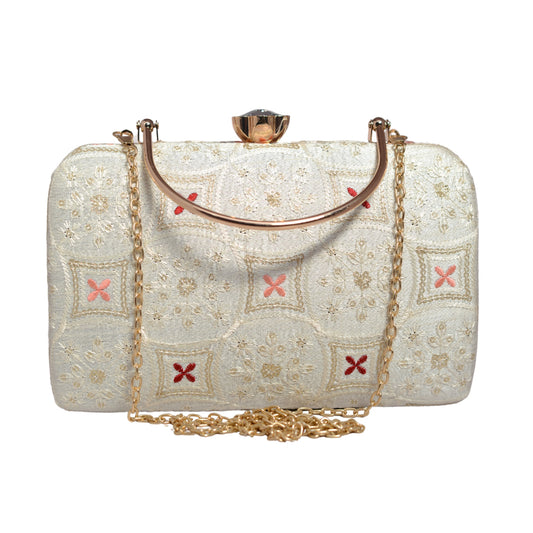 White Sequins And Chikankari Embroidery Clutch