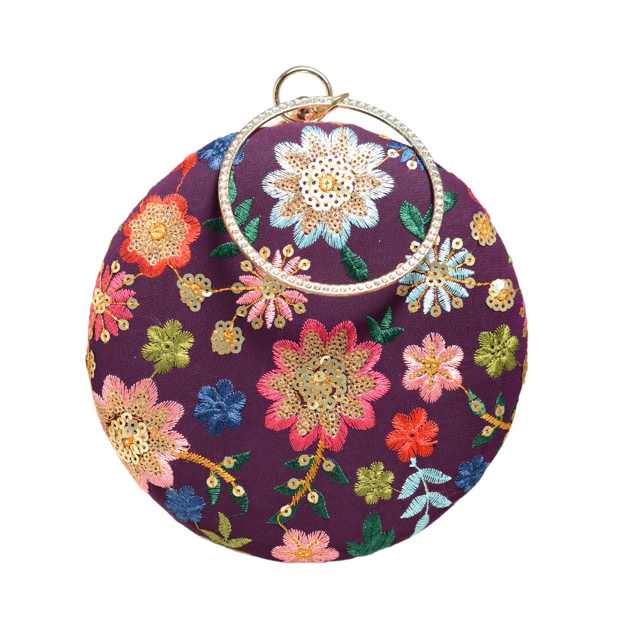 Wine Floral Embroidery Round Clutch