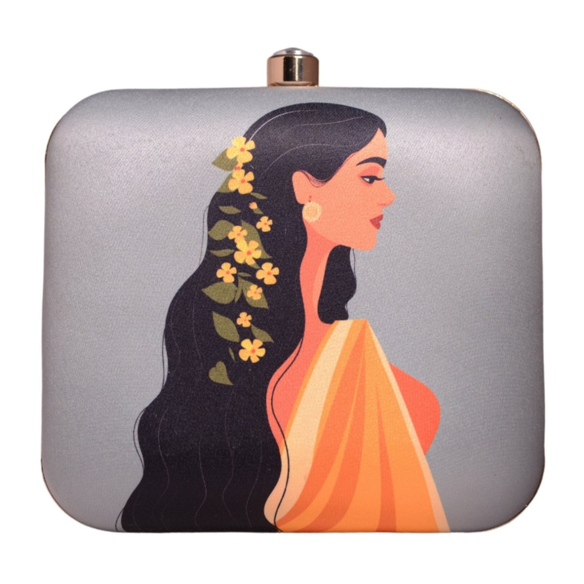 Grey Based Floral Hair Lady Printed Clutch
