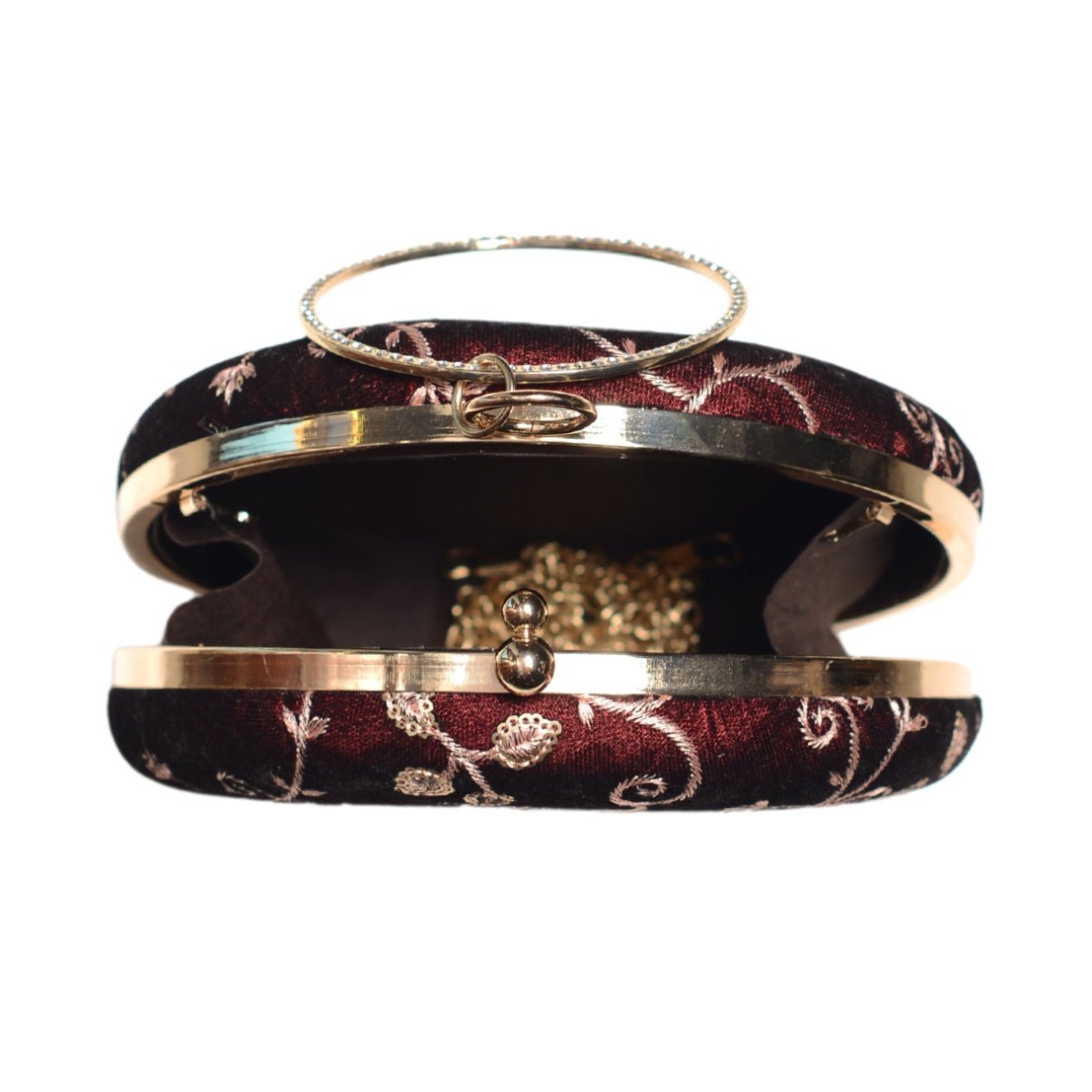 Maroon And Golden Thread Embroidery Round Clutch