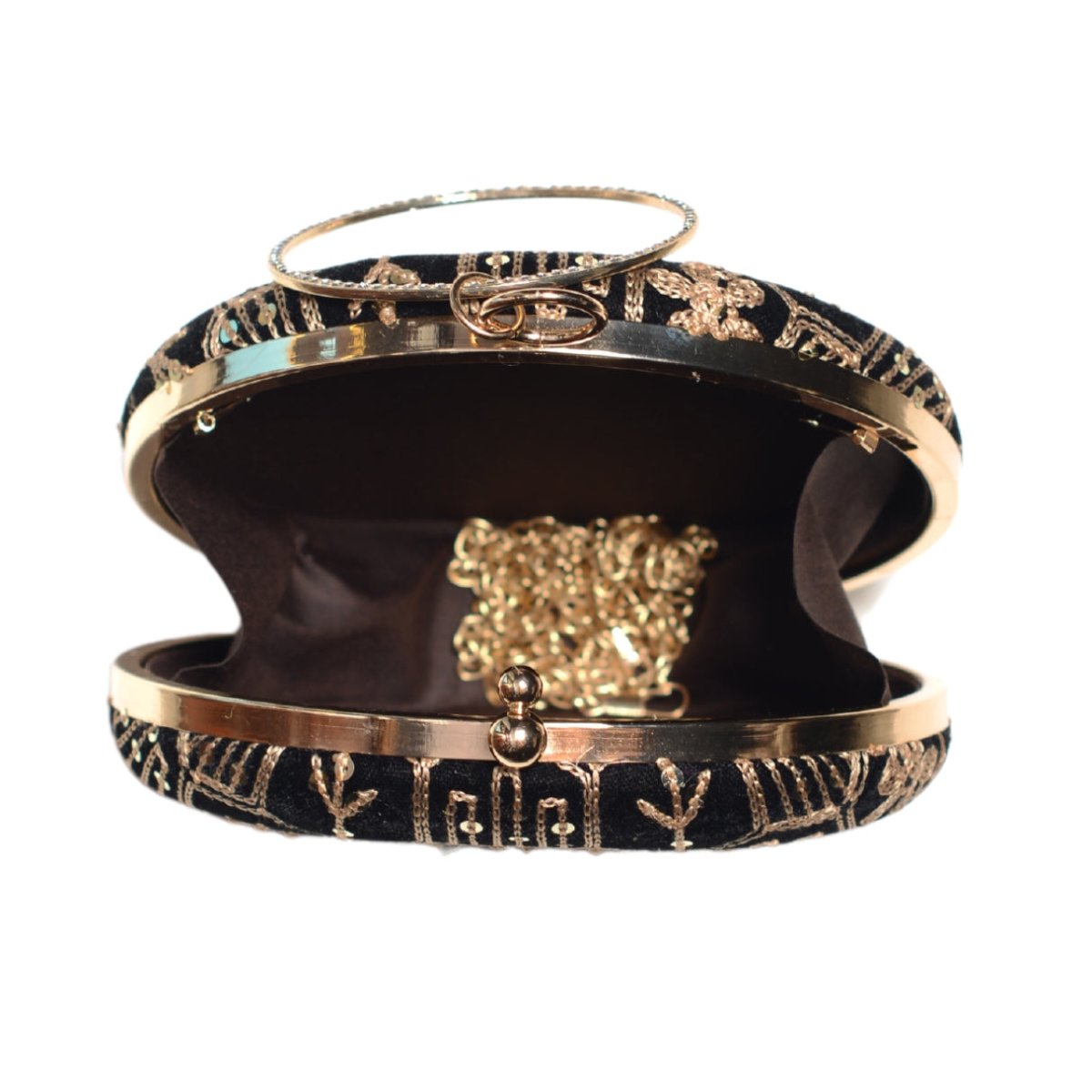 Black Multipattern Thread Embroidery Round Clutch