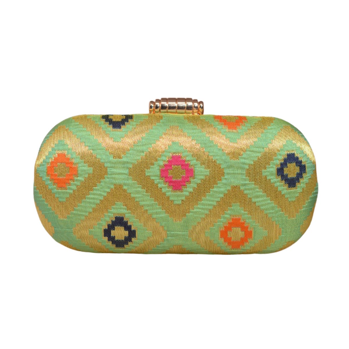 Green And Golden Brocade Fabric Clutch