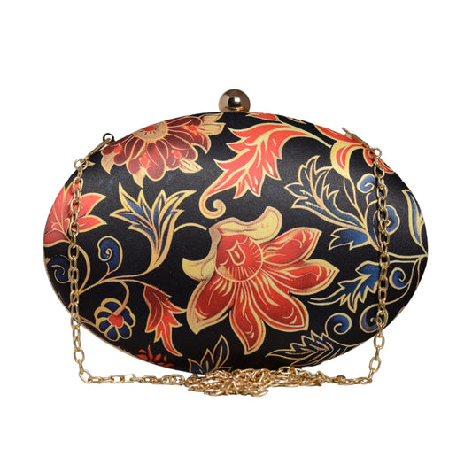 Red And Golden Floral Printed Oval Clutch