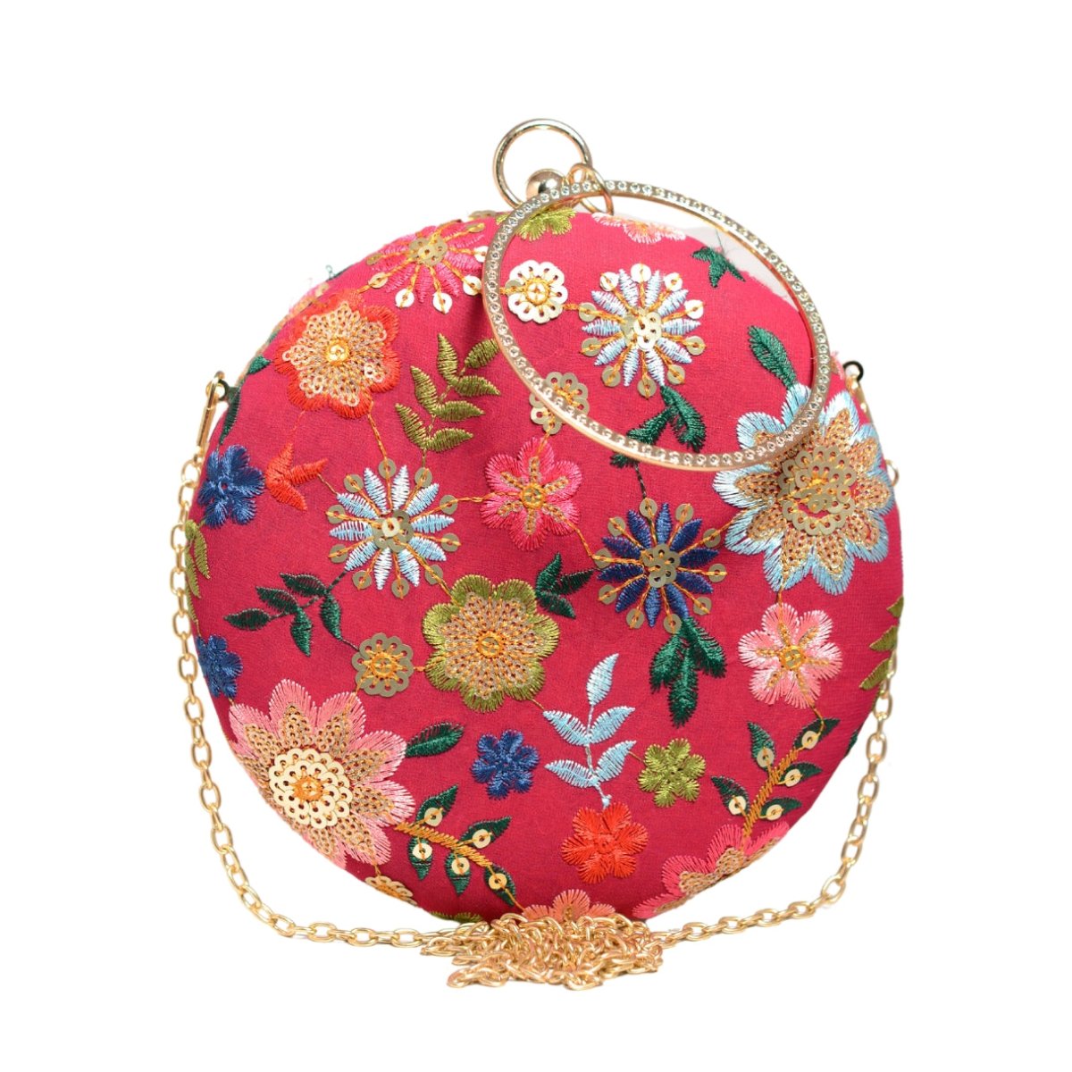 Red Floral Embroidery Round Clutch