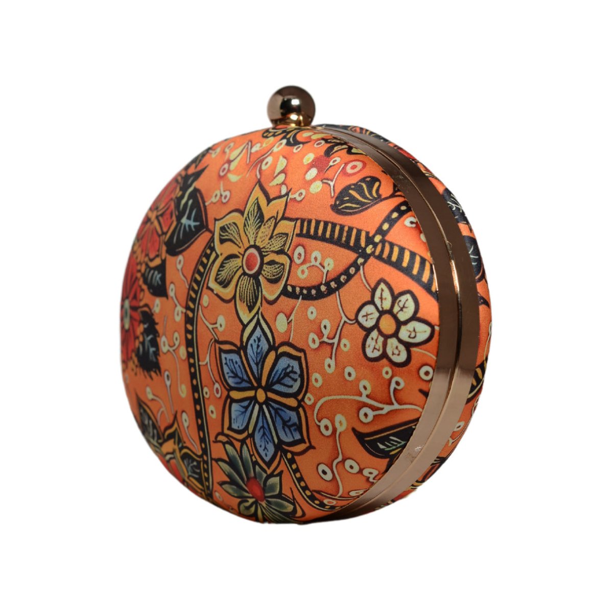 Orange Floral Printed Oval Clutch