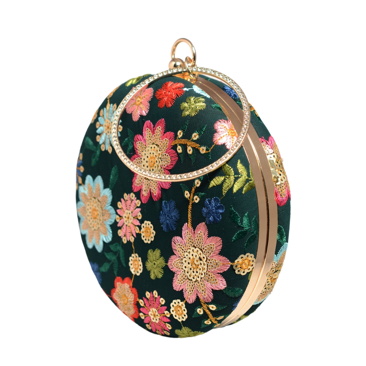 Green Floral Embroidery Round Clutch