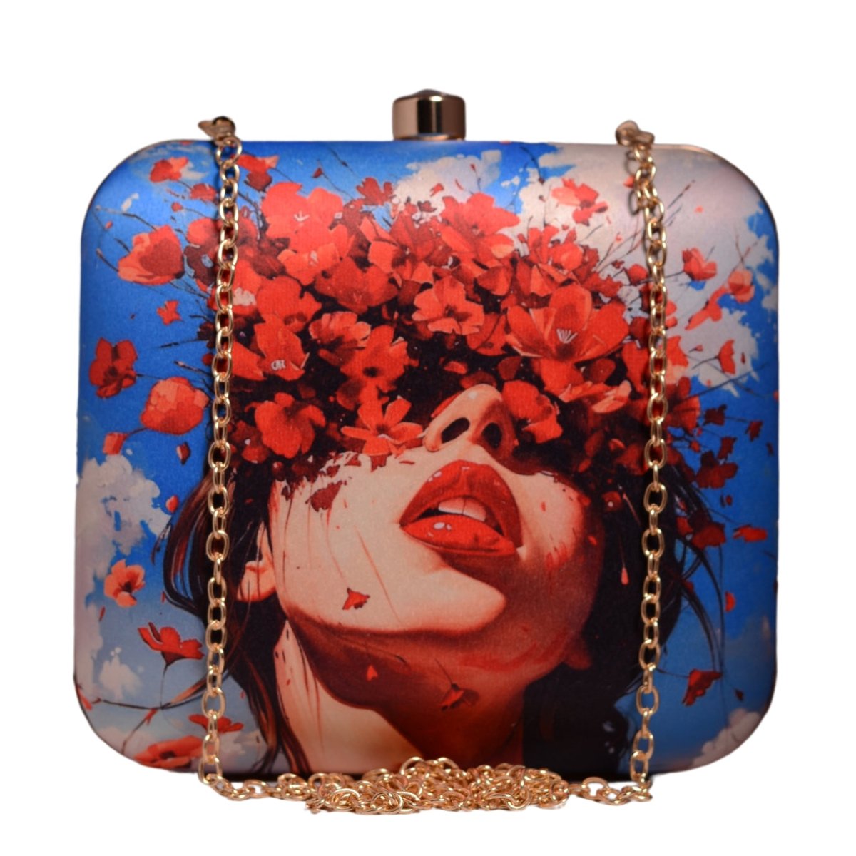 Blue Based Floral Girl With Bold Red Lips Printed Clutch