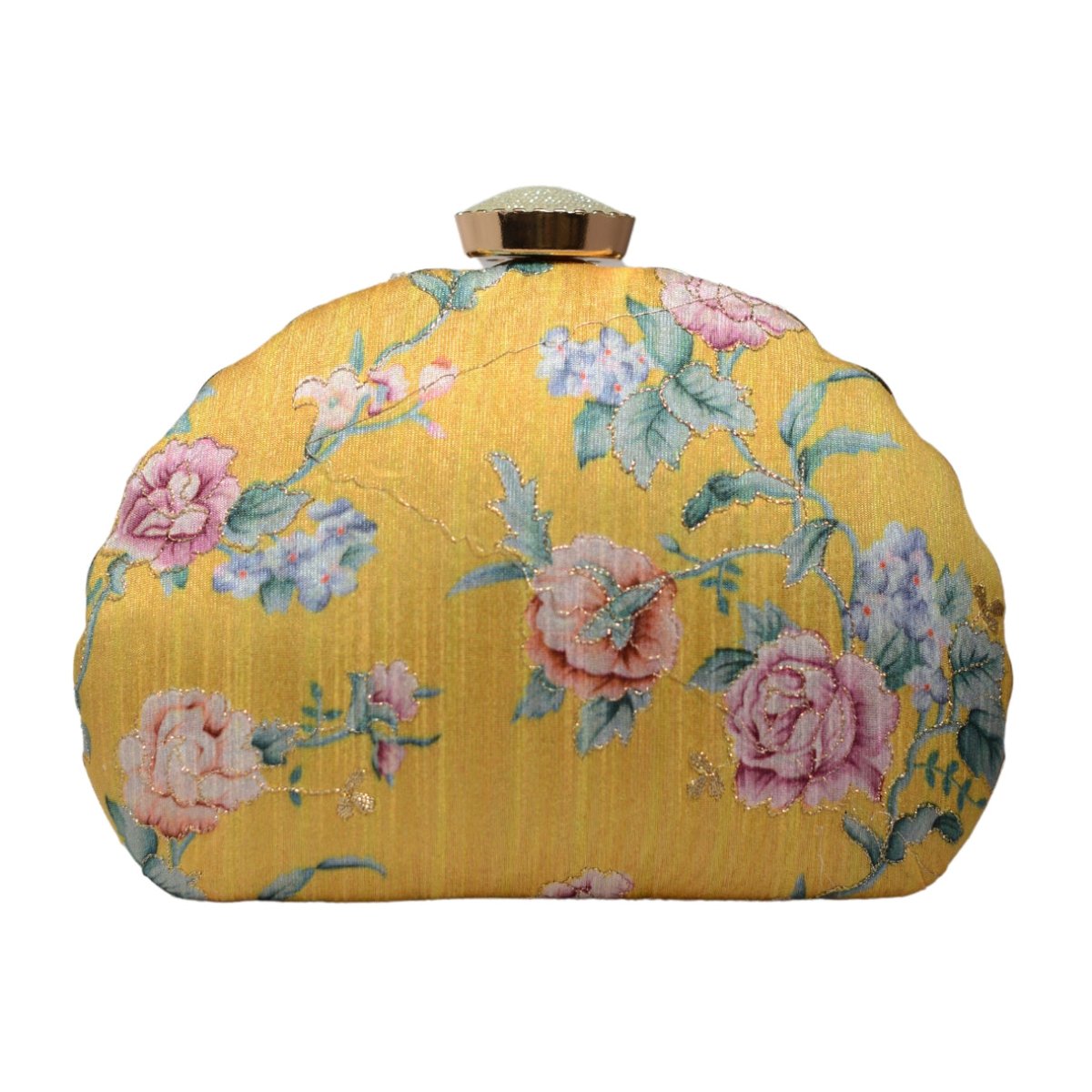 Yellow Floral Printed Zari Embroidery Clutch