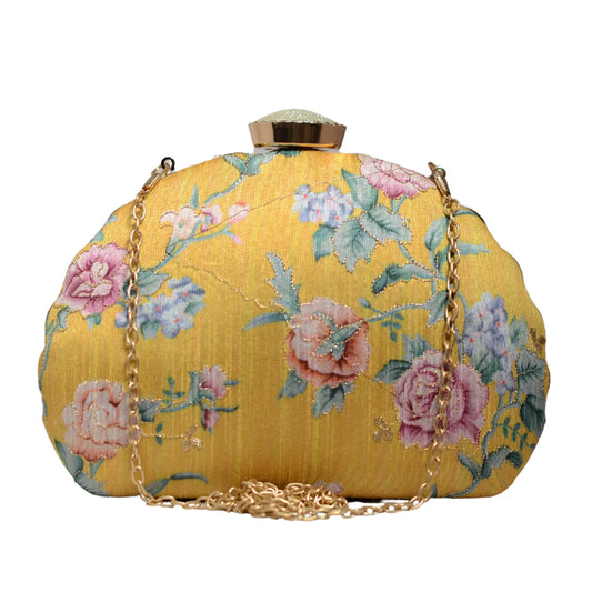 Yellow Floral Printed Zari Embroidery Clutch