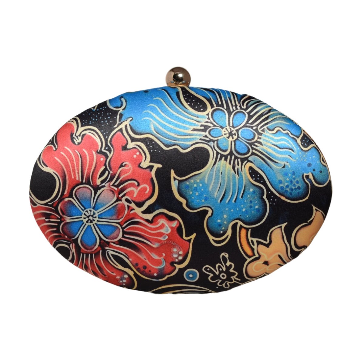 Blue And Red Floral Printed Oval Clutch