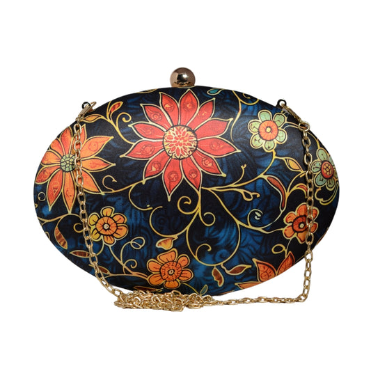 Blue And Orange Floral Printed Oval Clutch