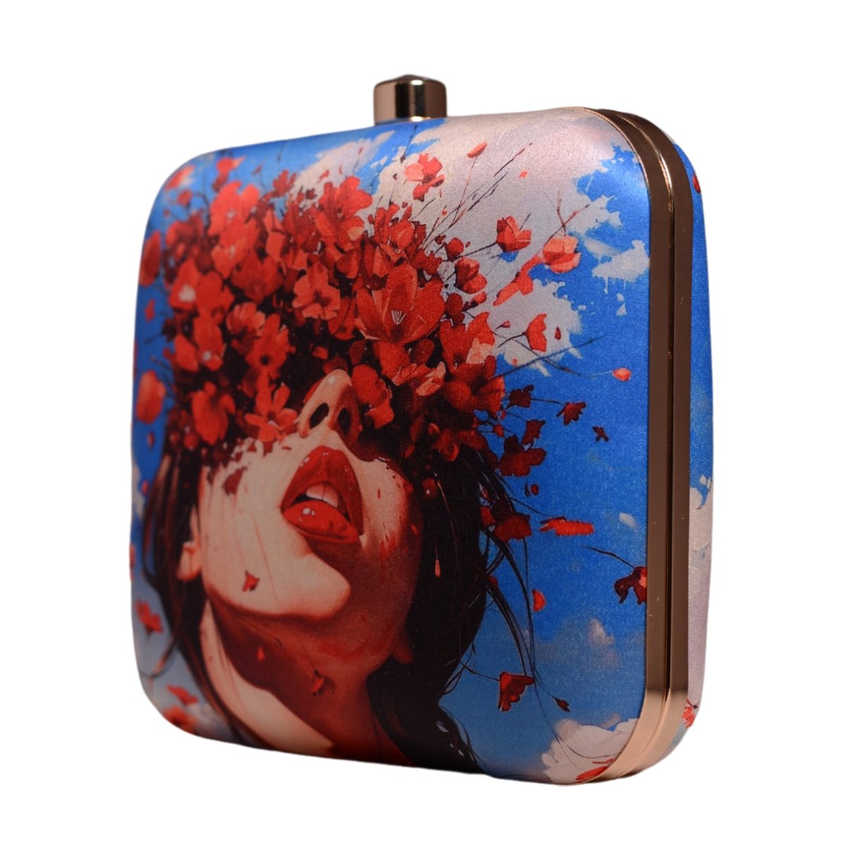 Blue Based Floral Girl With Bold Red Lips Printed Clutch
