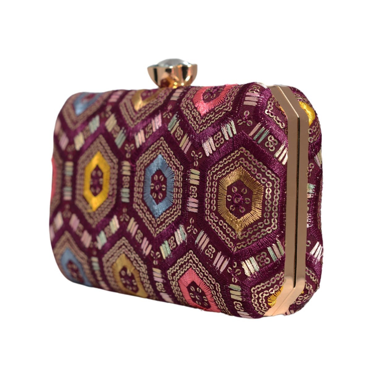 Wine Rectangle Sequins Embroidery Clutch