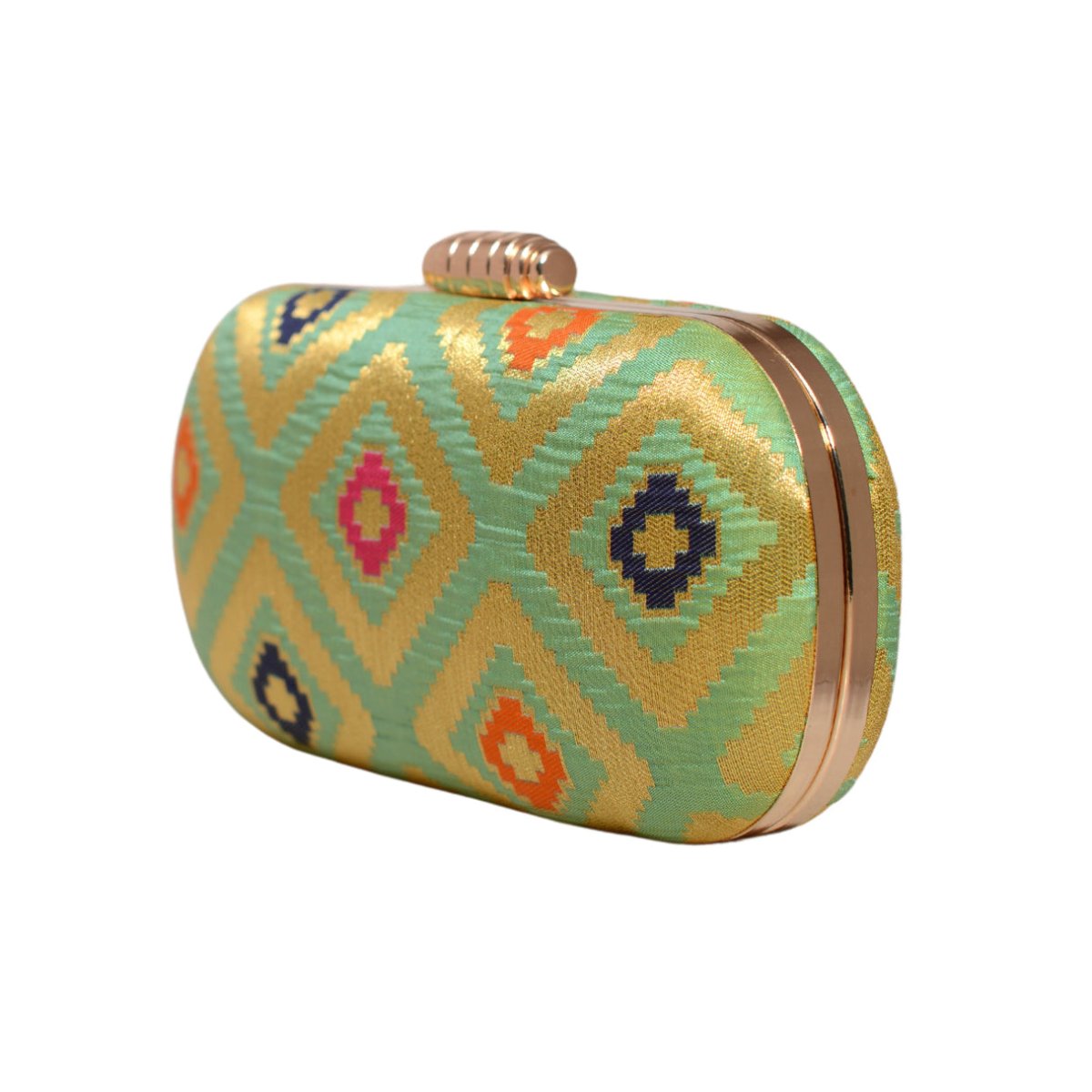 Green And Golden Brocade Fabric Clutch