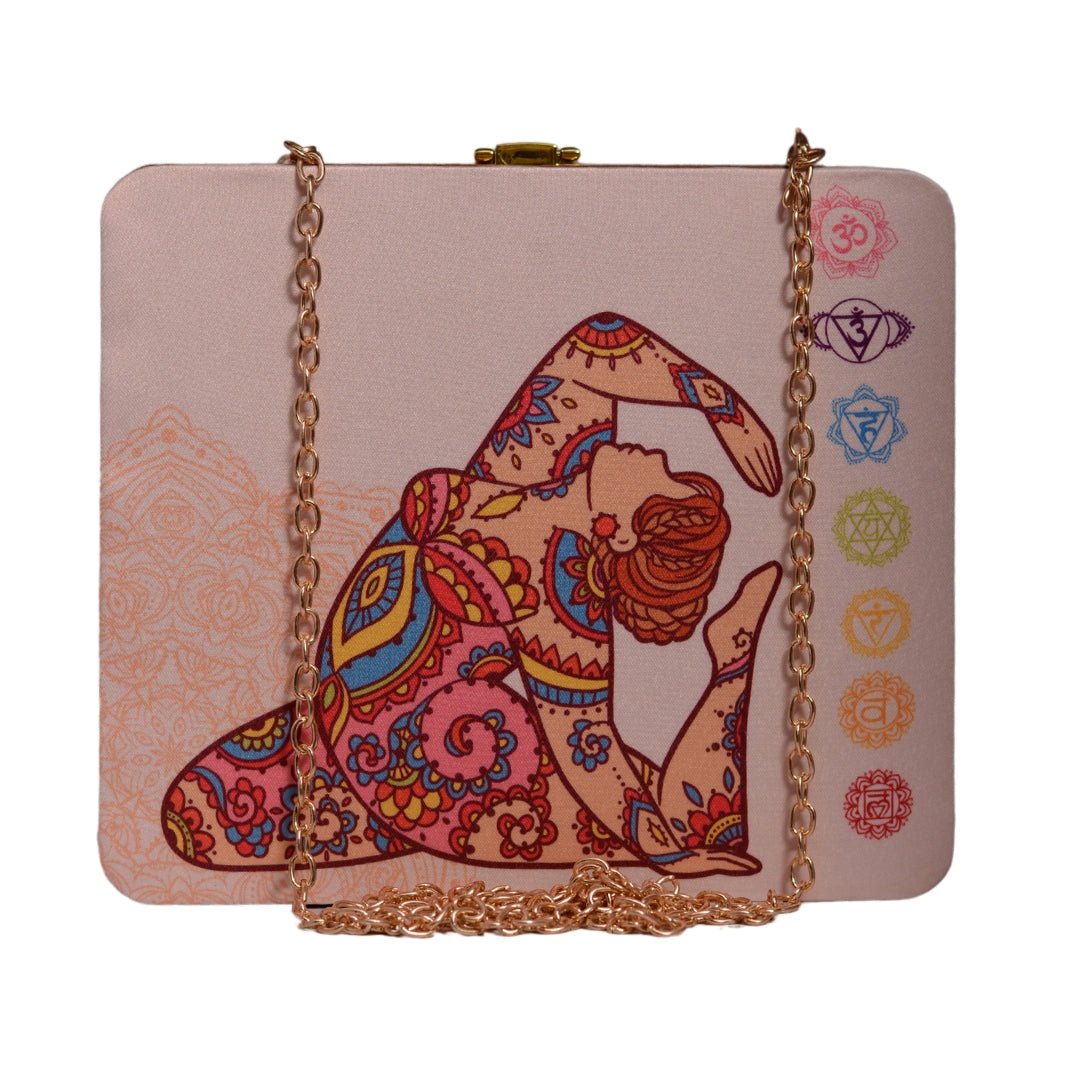 Beige Based Yoga Girl With Seven Chakras Printed Clutch