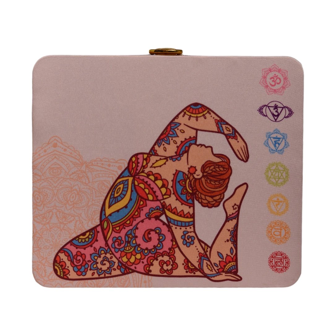 Beige Based Yoga Girl With Seven Chakras Printed Clutch