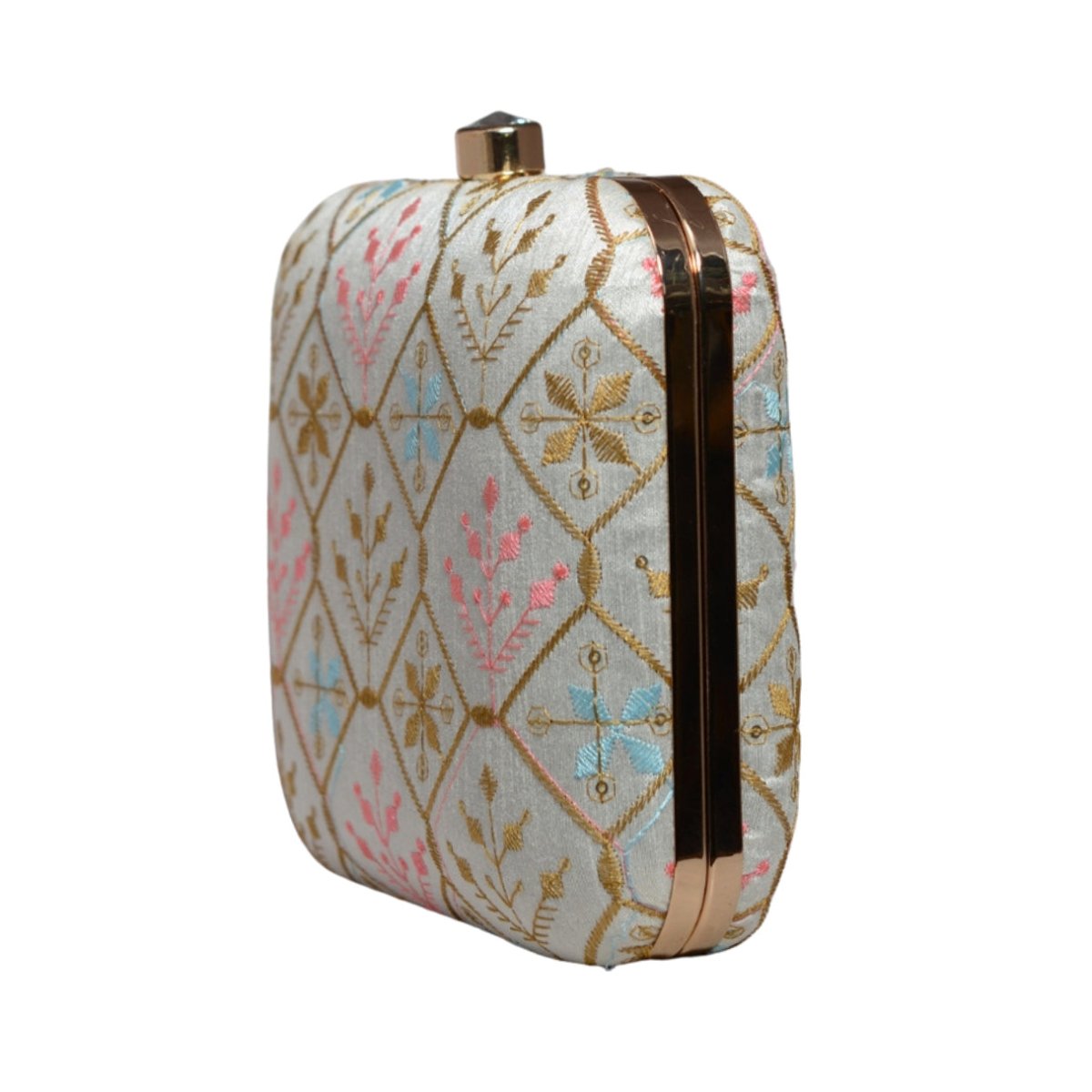 Grey And Golden Thread Embroidery Clutch