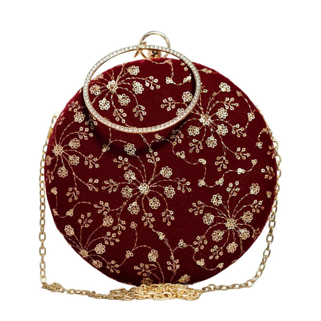 Maroon And Golden Sequins Embroidery Round Clutch
