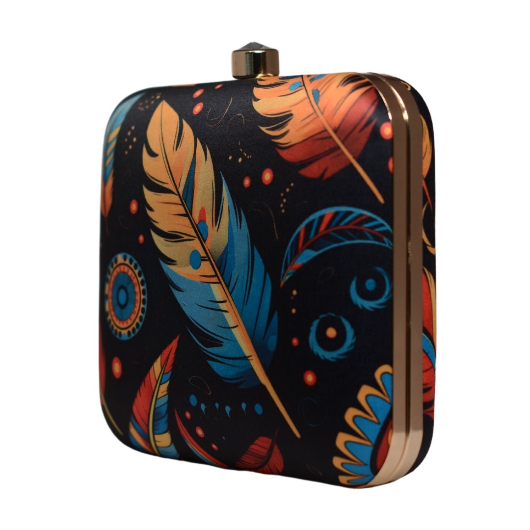 Black Based Feather Printed Clutch
