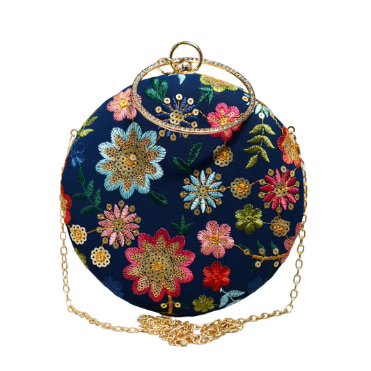 Blue Floral Embroidery Round Clutch