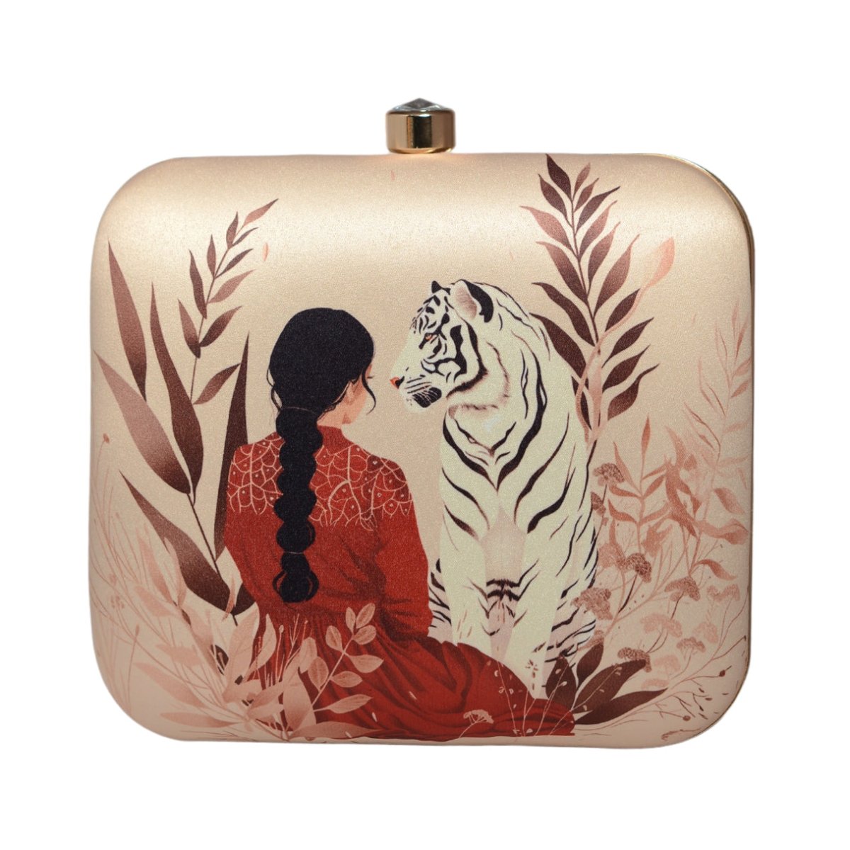Lady With White Tiger Printed Clutch