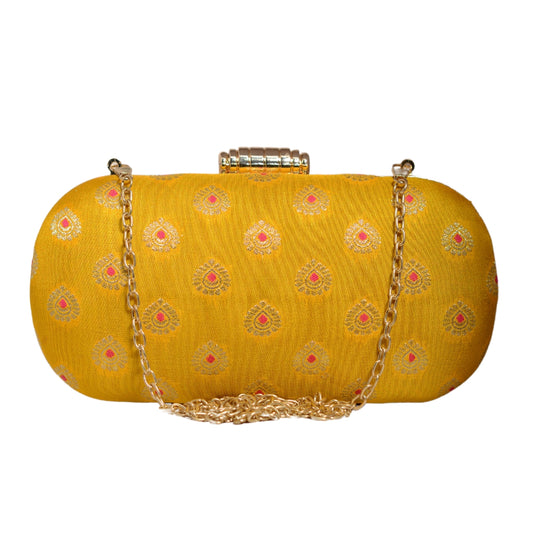 Yellow Brocade Fabric Party Clutch